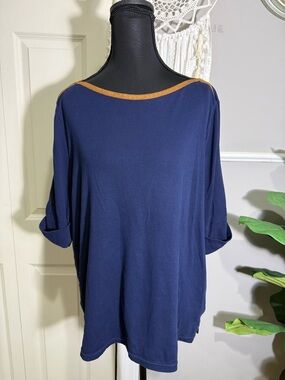 Ralph Lauren Navy Short-Sleeve Top with Tan Trim size XXL